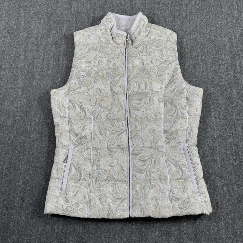 White House Black Market Women's XS Metallic Jacquard Puffer Vest Full Zip